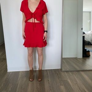 Red cutout mini dress with ruffles